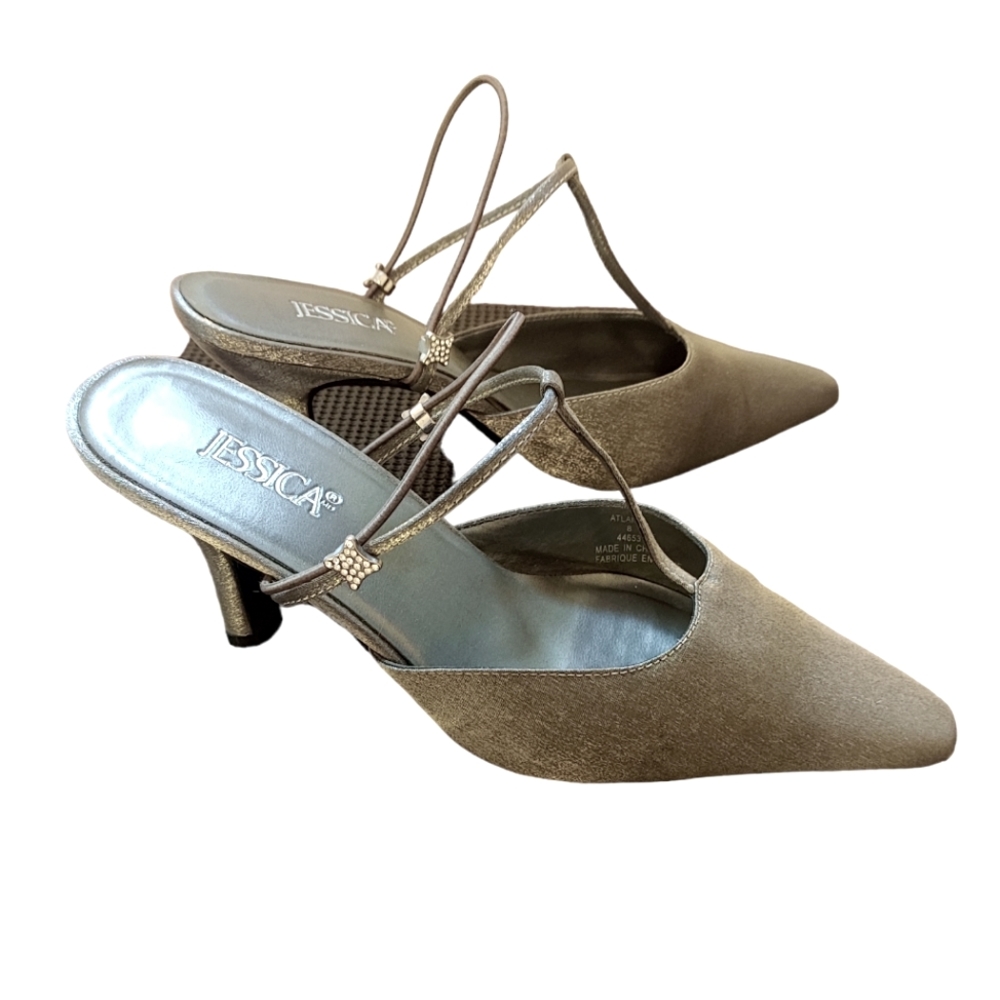 Jessica Vintage Y2K Silver Slide On Heels with Crystal Accents Size 8